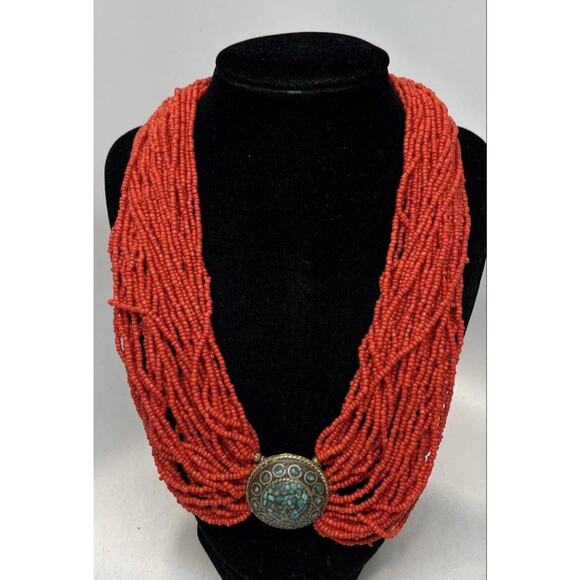 Vtg Coral Multi Strand Beaded Ladies Necklace - Picture 1 of 2